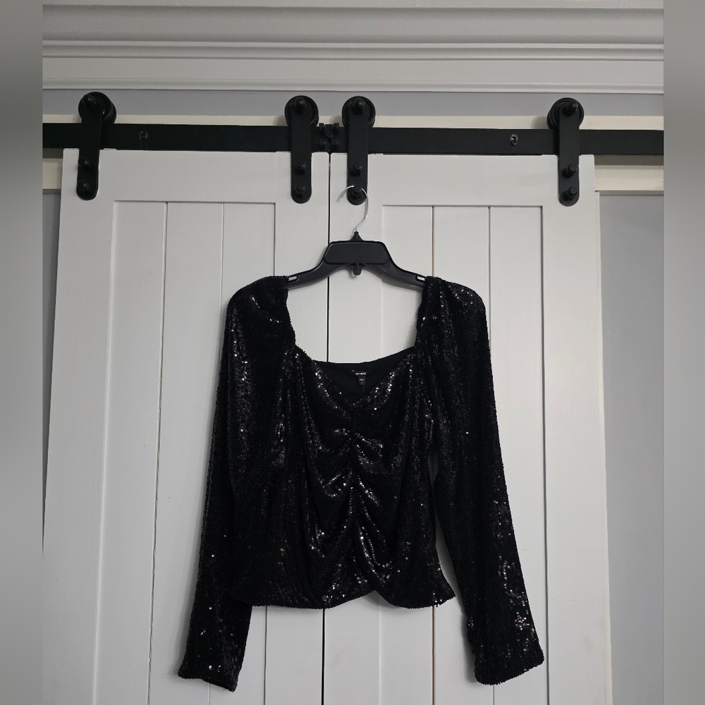 Express Sequin Sweetheart Neckline Puff Sleeve Ruched Front Top. NEW!